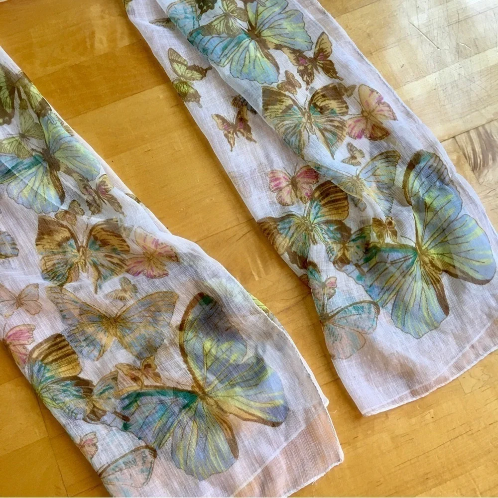 Butterfly Print Sheer, Lightweight Scarf, Ivory, Cream, Ecru, Colorful